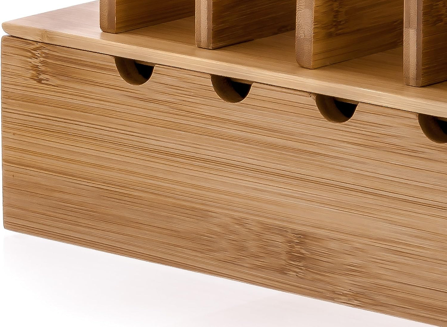 Wooden Charging Station Organizer - 5-Port Base for Phones, Tablets and Laptops - Multi-Device Docking Station with Removable Divider Slots - Cord Box with Cable Management - Bamboo