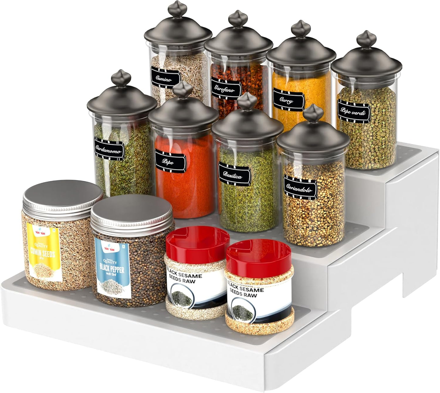Expandable Spice Rack Organizer for Cabinet (2 Pack), 3-Tier Tiered Spice Shelf Organizer with Non-Skid Surface, Spice Riser, Adjustable Pantry Organizer for Spices, Cans & Medicine Cabinet