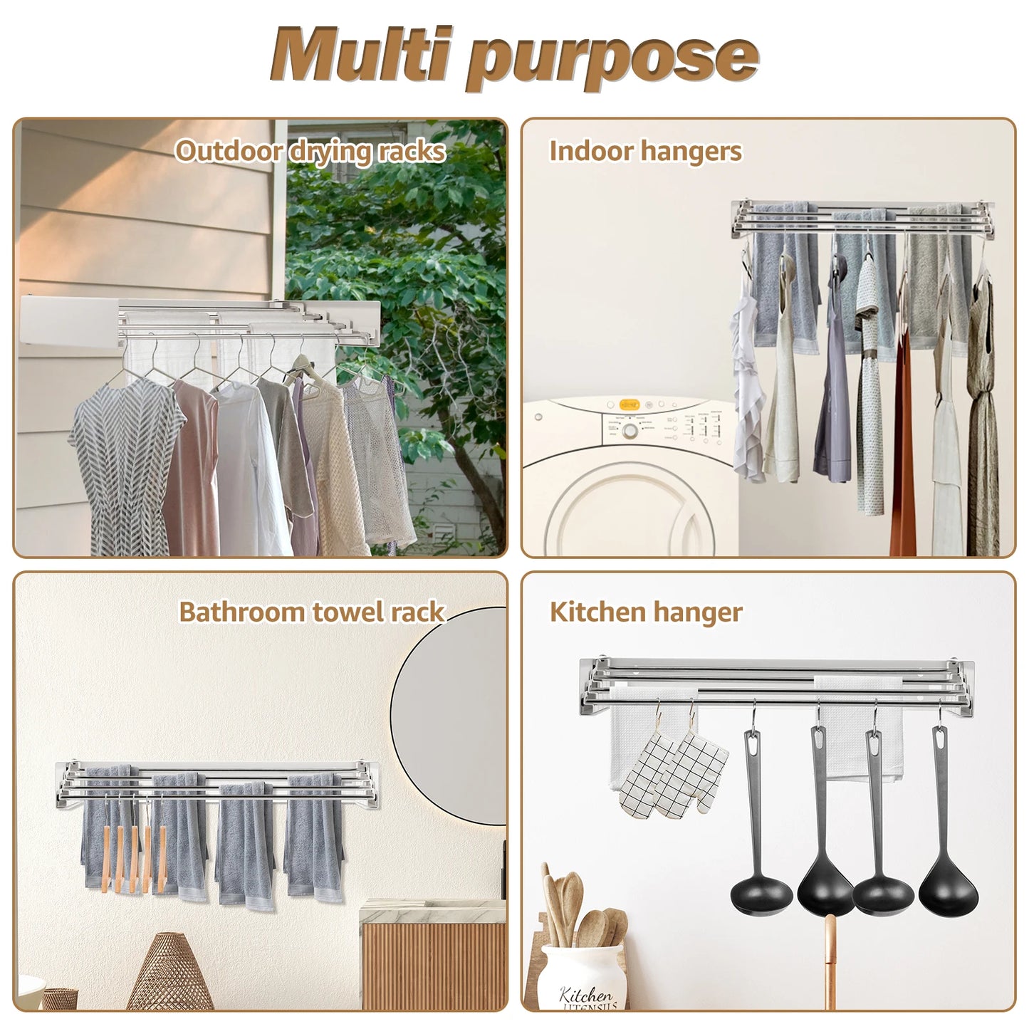 Folding Clothes Drying Rack Wall-Mounted Stainless Steel Laundry Hanger Space Saving for Indoor Balcony Drying Clothe Towel Rack