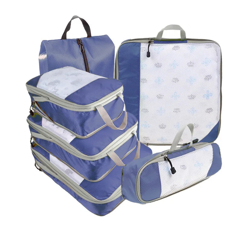 6PCS Travel Compressed Packing Cubes Storage Organizer Set with Shoe Bag Mesh Visual Luggage Portable Lightweight Suitcase Bag