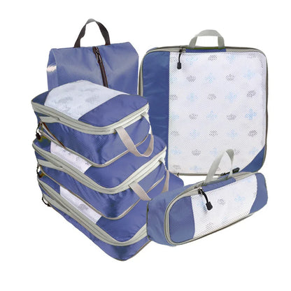 6PCS Travel Compressed Packing Cubes Storage Organizer Set with Shoe Bag Mesh Visual Luggage Portable Lightweight Suitcase Bag