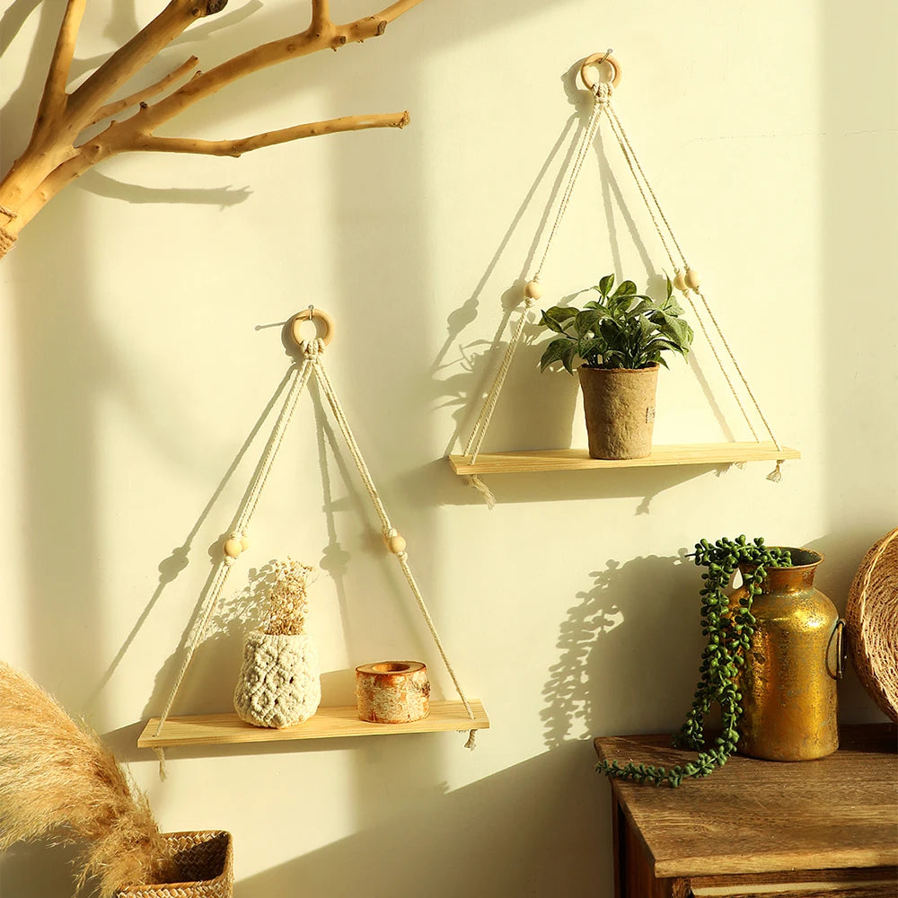 2 Pack Wall Shelves Macrame Wall Hanging Wooden Shelf Plant Storage Boho Home Decor Girls Living Room Decoration Holder Gift