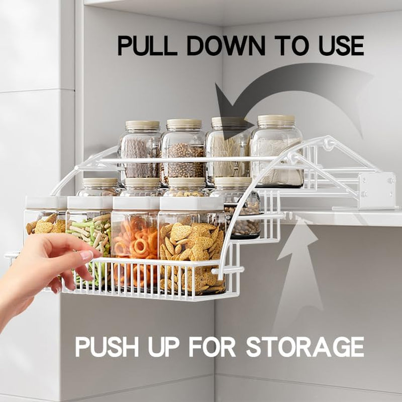 3-Tier Pull down Spice Rack Organizer for inside Cabinet Expandable Display Riser Shelf Seasoning Shelf (10.8In/White)