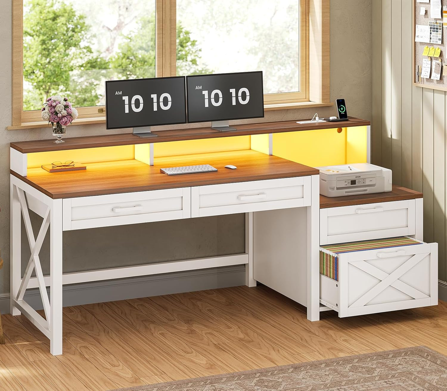 Farmhouse Desk with File Drawer & Printer Cabinet, White Brown