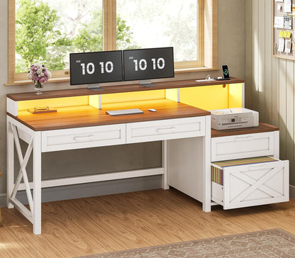 Farmhouse Desk with File Drawer & Printer Cabinet, White Brown