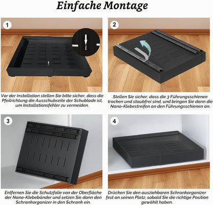 Teleskopschublade Zum Kleben, (53 CM Tiefe) Ausziehbare Schublade Küche, Küchenschubladen Organizer Mit 3-Schienen-System, Slide Out Drawer Kein Bohren Und Nageln Erforderlich, Schwarz, 2 Stück