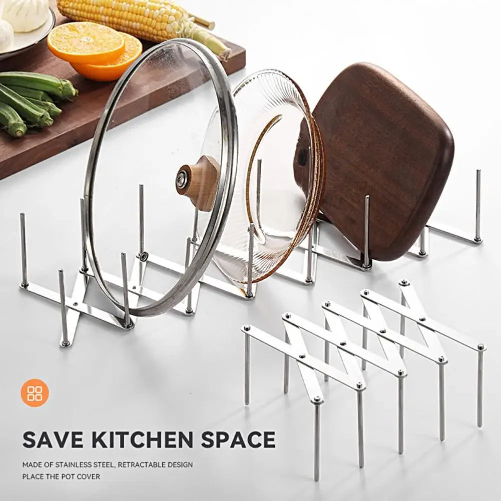Stainless Steel Pot Lid Holder Retractable Space Saving Multifunctional Dish Plate Bowl Organizer Storage Rack Kitchen Supplies