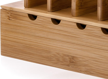 Wooden Charging Station Organizer - 5-Port Base for Phones, Tablets and Laptops - Multi-Device Docking Station with Removable Divider Slots - Cord Box with Cable Management - Bamboo