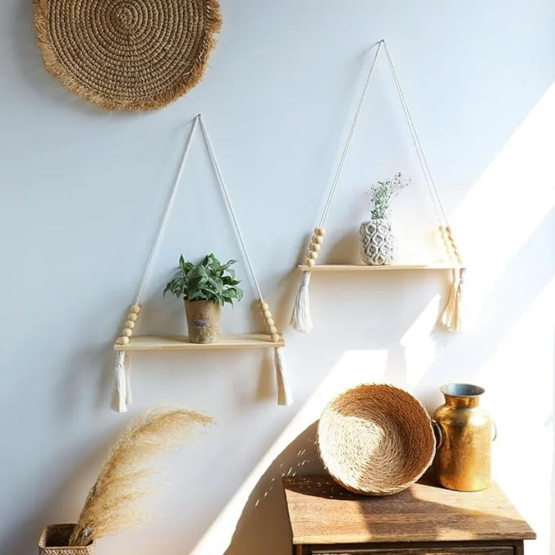 Wooden Wall Shelves Boho Floating Hanging Shelves Macrame Plant Hanger Rustic Farmhouse Wall Decor for Bedroom Room Bathroom