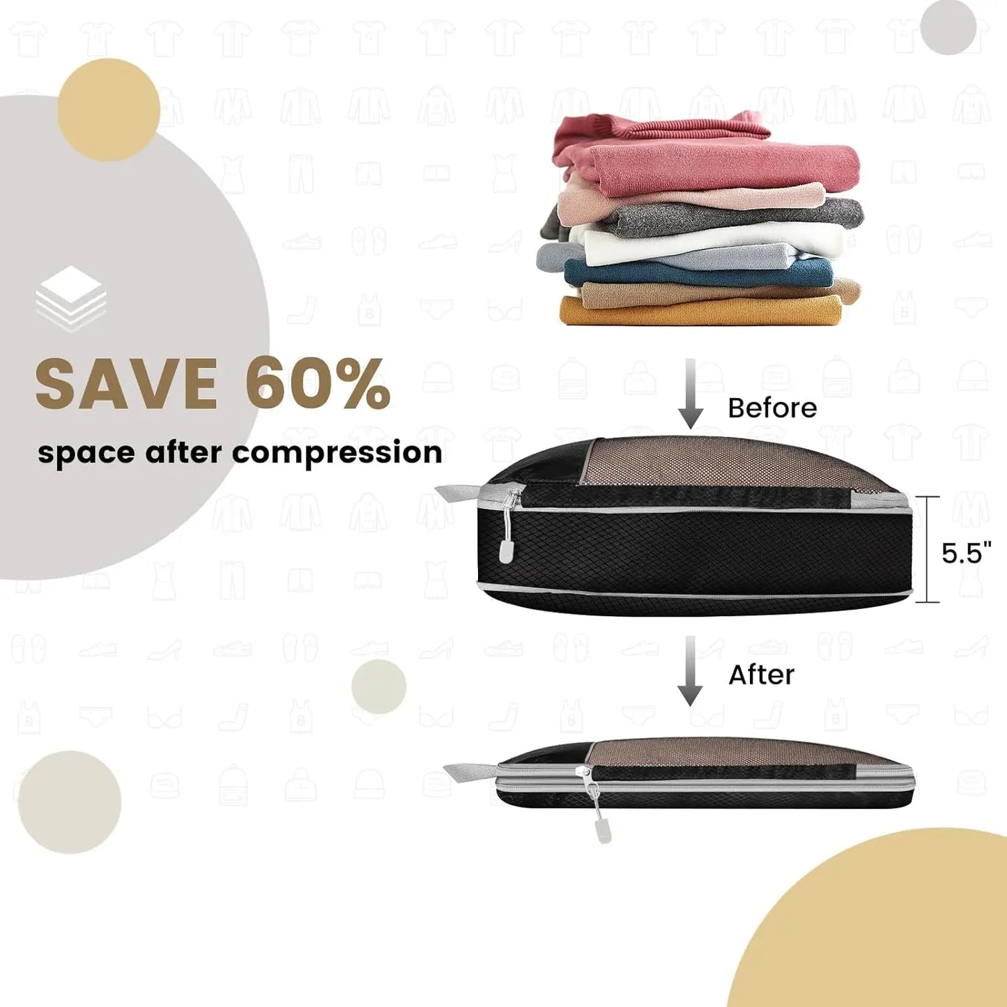 6PCS Travel Compressed Packing Cubes Storage Organizer Set with Shoe Bag Mesh Visual Luggage Portable Lightweight Suitcase Bag