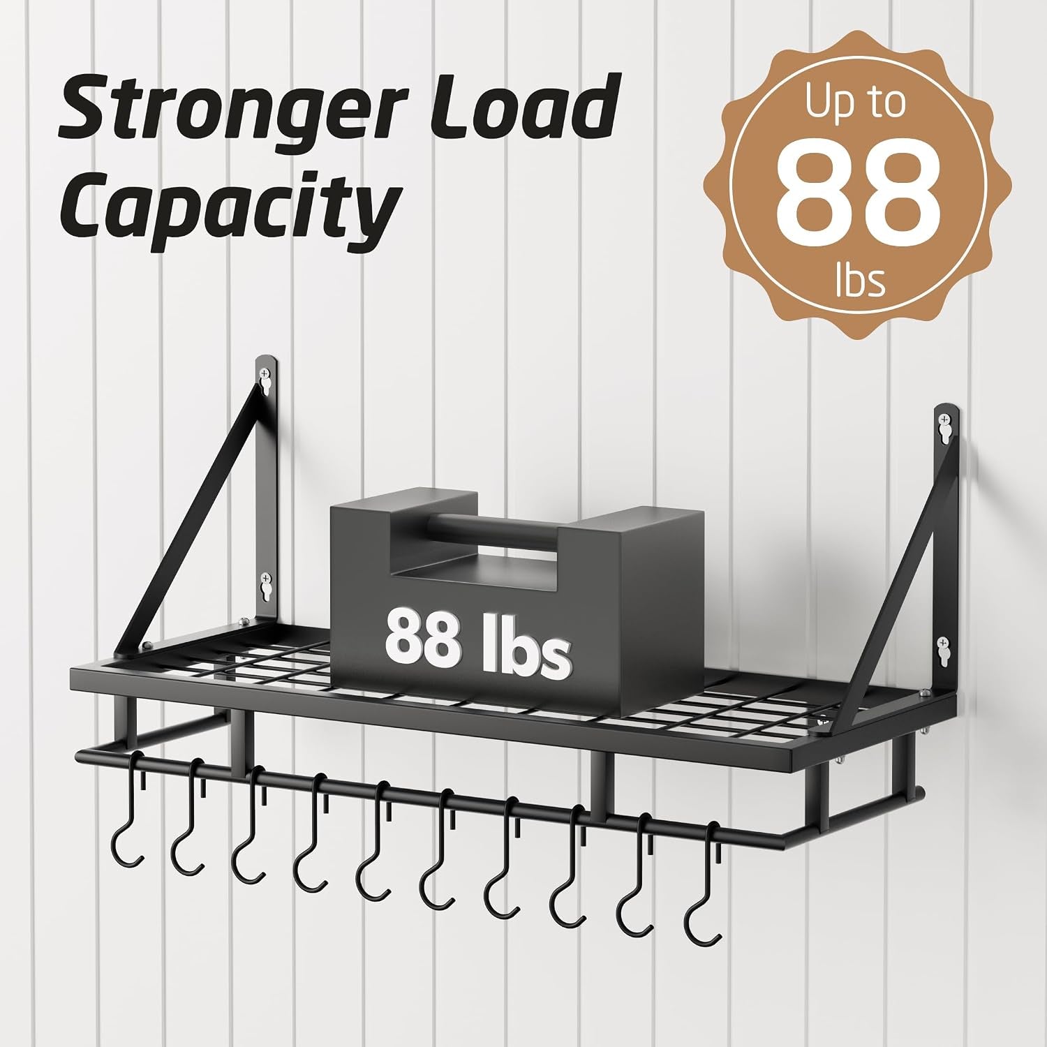 24-Inch Wall-Mounted Kitchen Pot and Pan Rack with 10 Hooks, Matte Black Finish