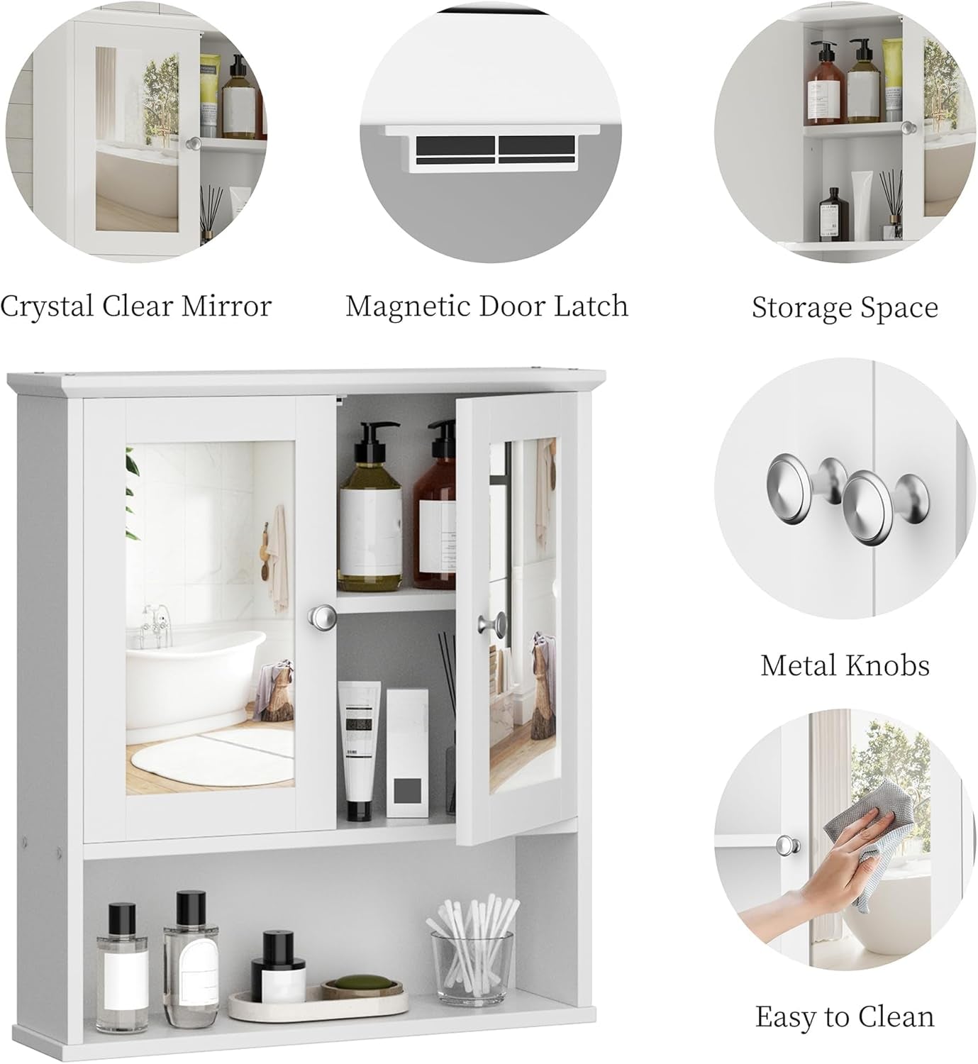 Bathroom Medicine Cabinet with Mirror, Wall Mounted, White