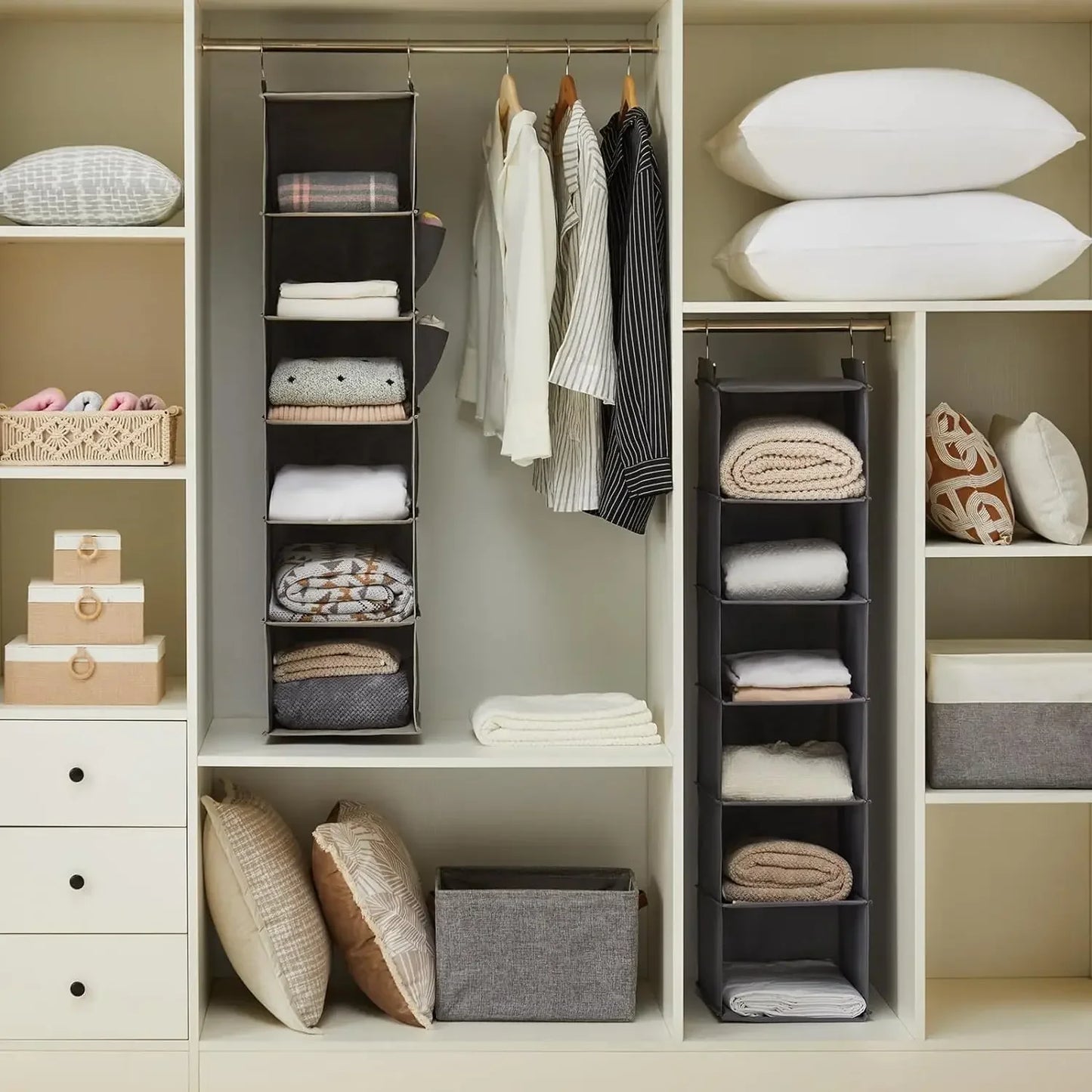 Foldable 6-Shelf Hanging Closet Organizer with Hooks Space Saving Fabric Wardrobe Storage for Bedroom Dorm Travel