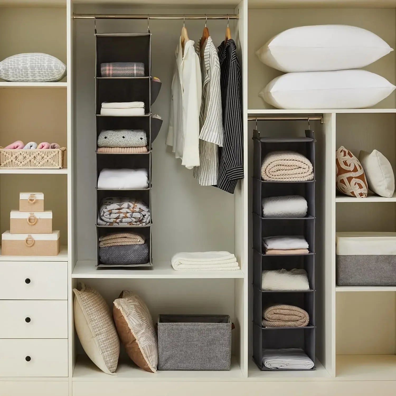 Foldable 6-Shelf Hanging Closet Organizer with Hooks Space Saving Fabric Wardrobe Storage for Bedroom Dorm Travel