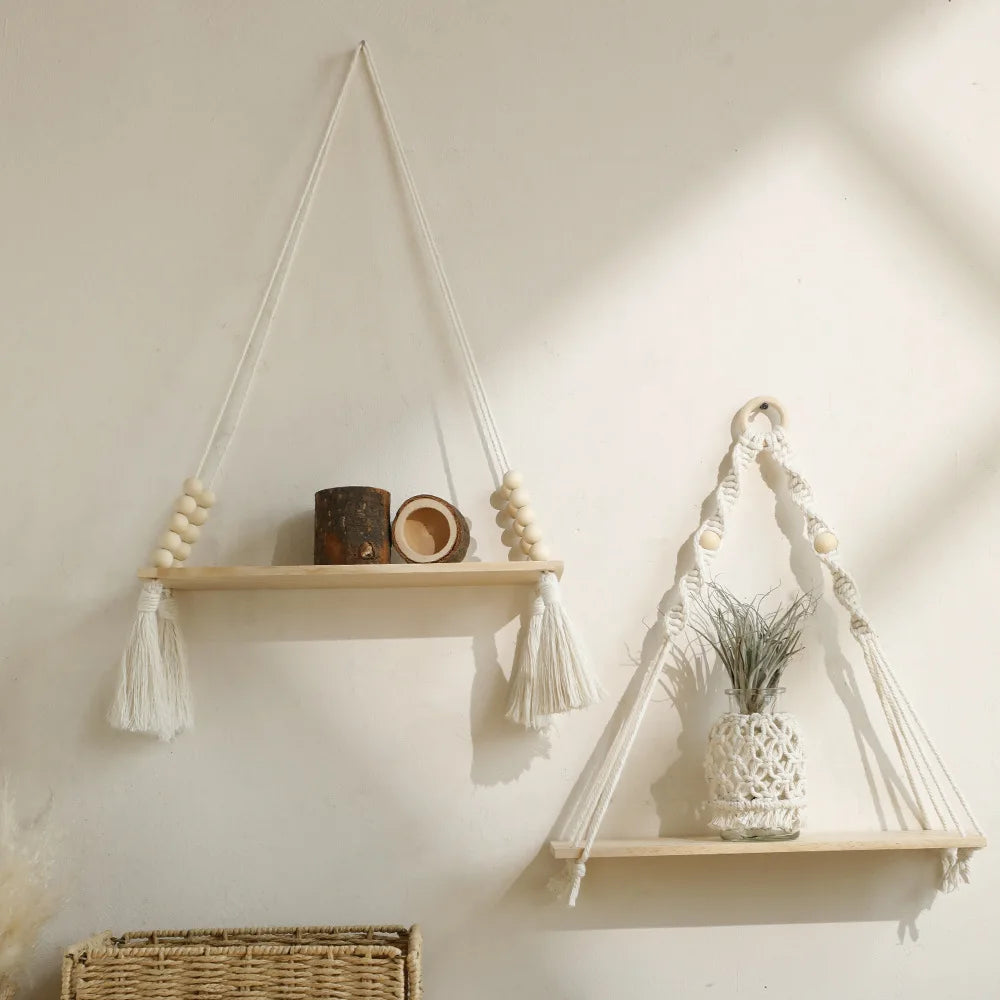 Wooden Wall Shelves Boho Floating Hanging Shelves Macrame Plant Hanger Rustic Farmhouse Wall Decor for Bedroom Room Bathroom