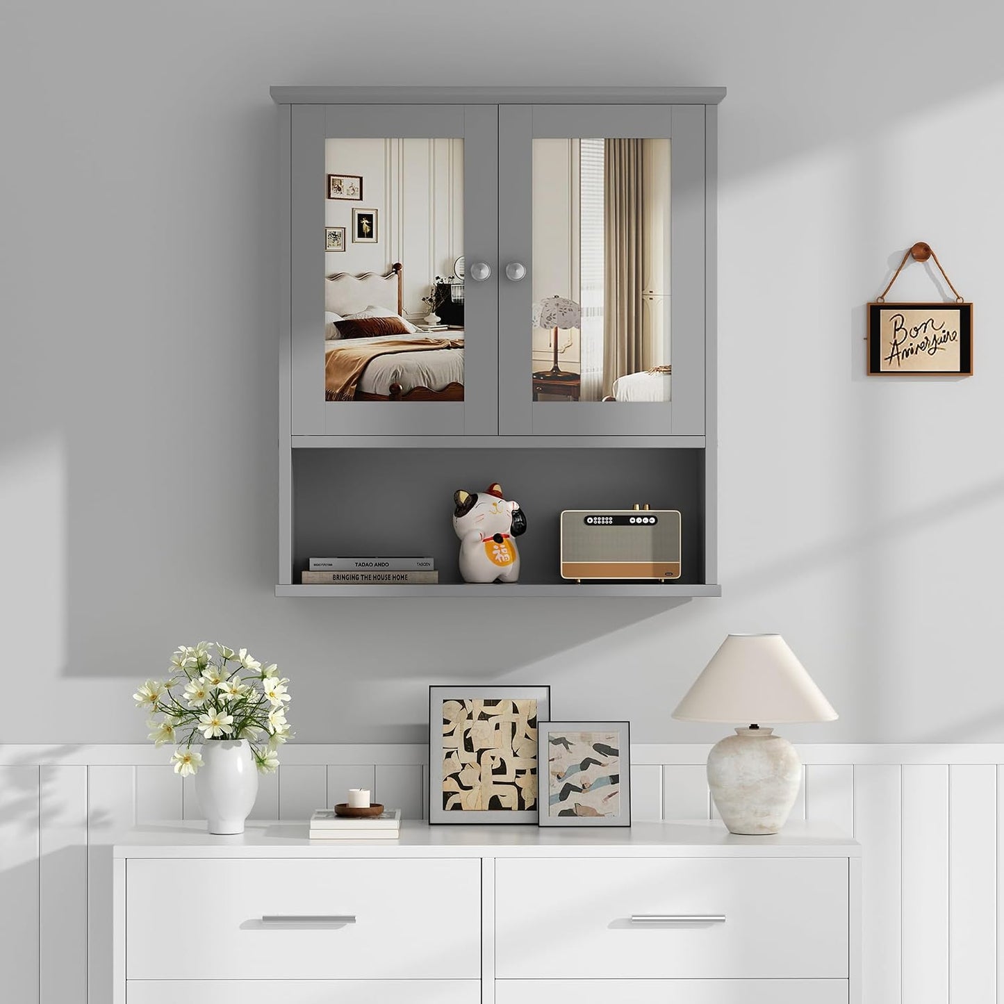 Bathroom Medicine Cabinet with Mirror, Wall Mounted, Gray