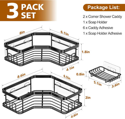 Corner Shower Caddy Set - 3 Pack, Stainless Steel Organizer with Soap Holder, Large Capacity, Easy Installation, No Drilling, Supports 40 lbs, Ideal for Family and Renters, Black