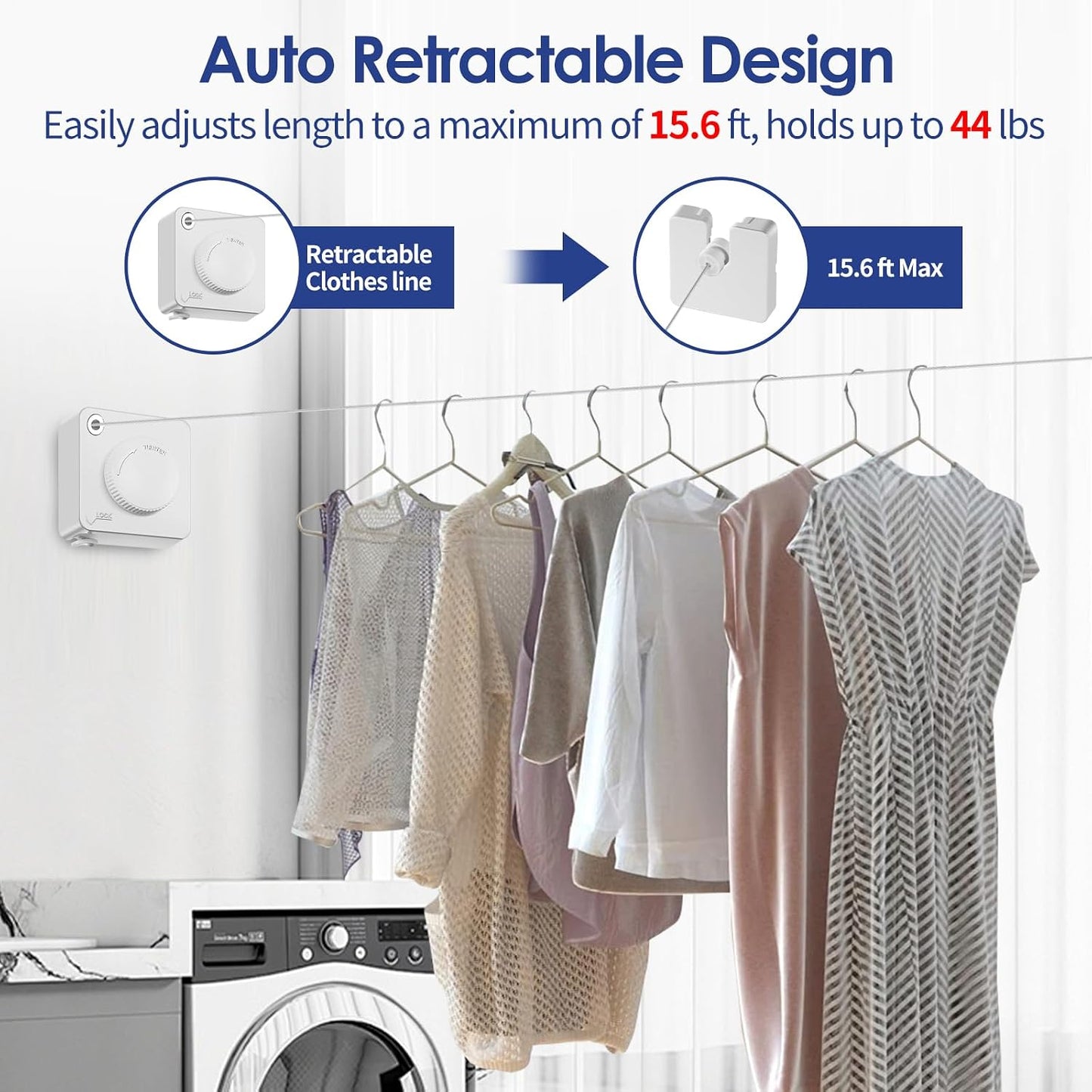 Retractable Clothesline Indoor, Non-Sagging Clothes Line Retracting Outdoors,15.6Ft Heavy Duty Clothes Drying Laundry Line, Wall Mounted Clothesline (White)