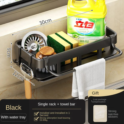 Towel Rack with Dish Drying Rack, Kitchen Storage, Wall-Mounted, No Drilling, Household Sink Sponge Holder, Water Basin