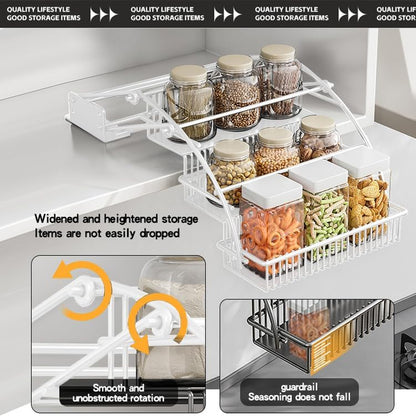 3-Tier Pull down Spice Rack Organizer for inside Cabinet Expandable Display Riser Shelf Seasoning Shelf (10.8In/White)