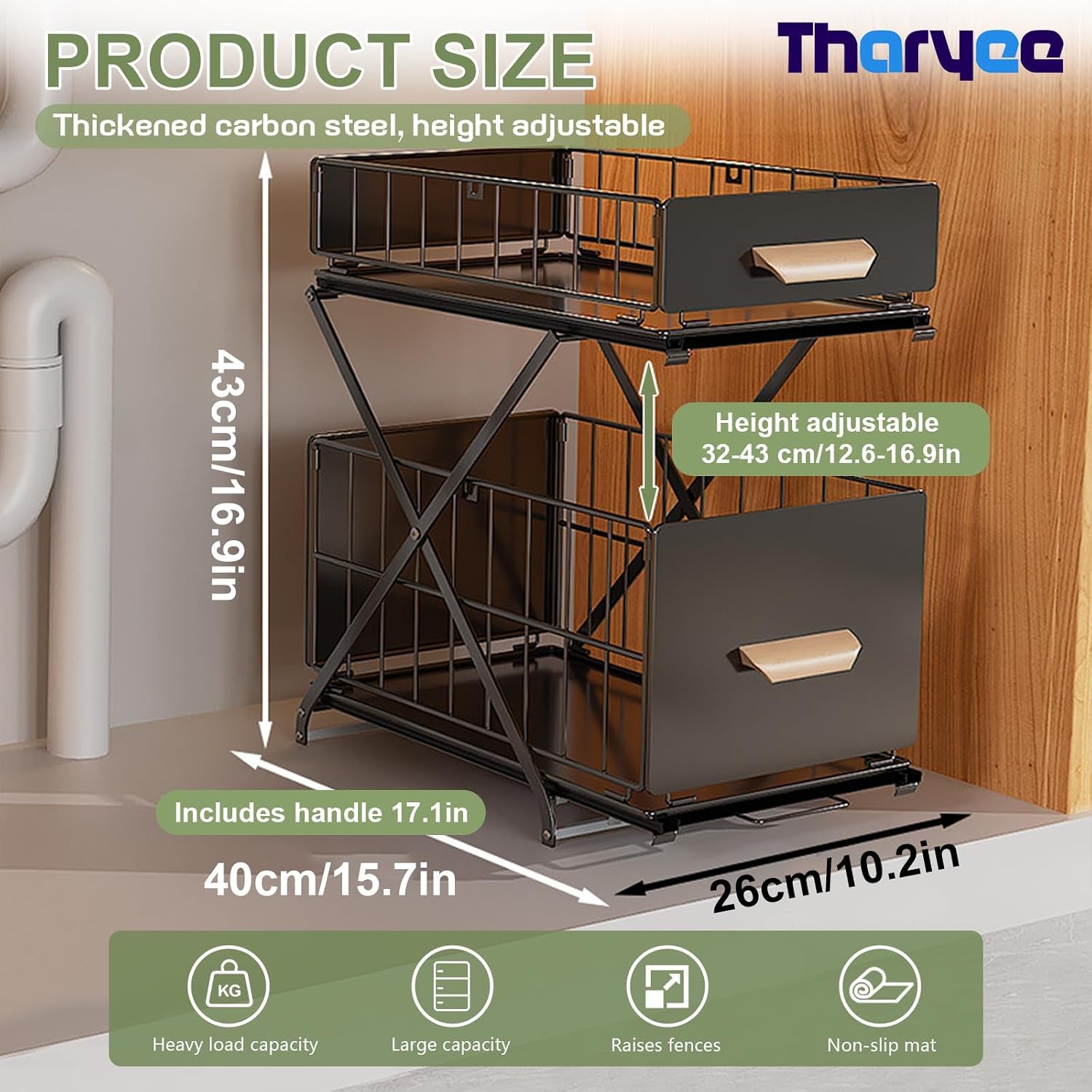 2 Tier Pull Out Cabinet Organizer, under Sink Organizer, Black