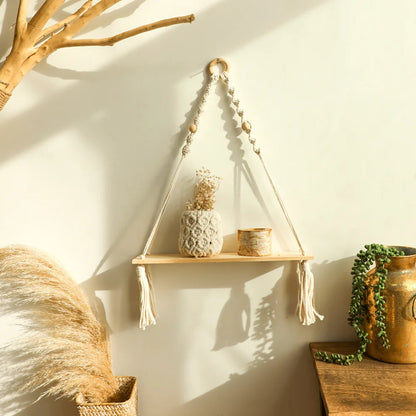 Wooden Wall Shelves Boho Floating Hanging Shelves Macrame Plant Hanger Rustic Farmhouse Wall Decor for Bedroom Room Bathroom