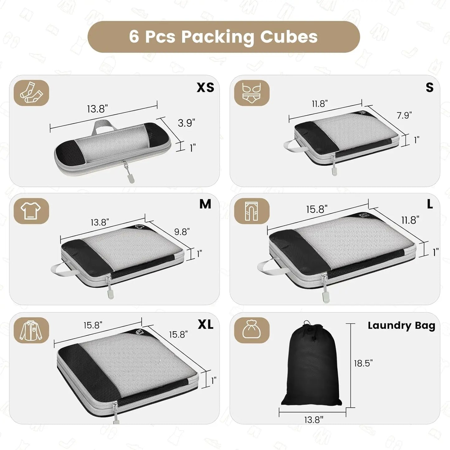 6PCS Travel Compressed Packing Cubes Storage Organizer Set with Shoe Bag Mesh Visual Luggage Portable Lightweight Suitcase Bag