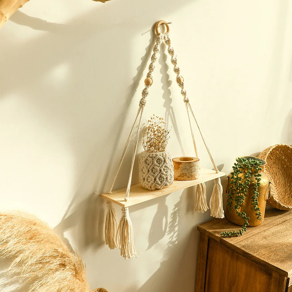 Wooden Wall Shelves Boho Floating Hanging Shelves Macrame Plant Hanger Rustic Farmhouse Wall Decor for Bedroom Room Bathroom