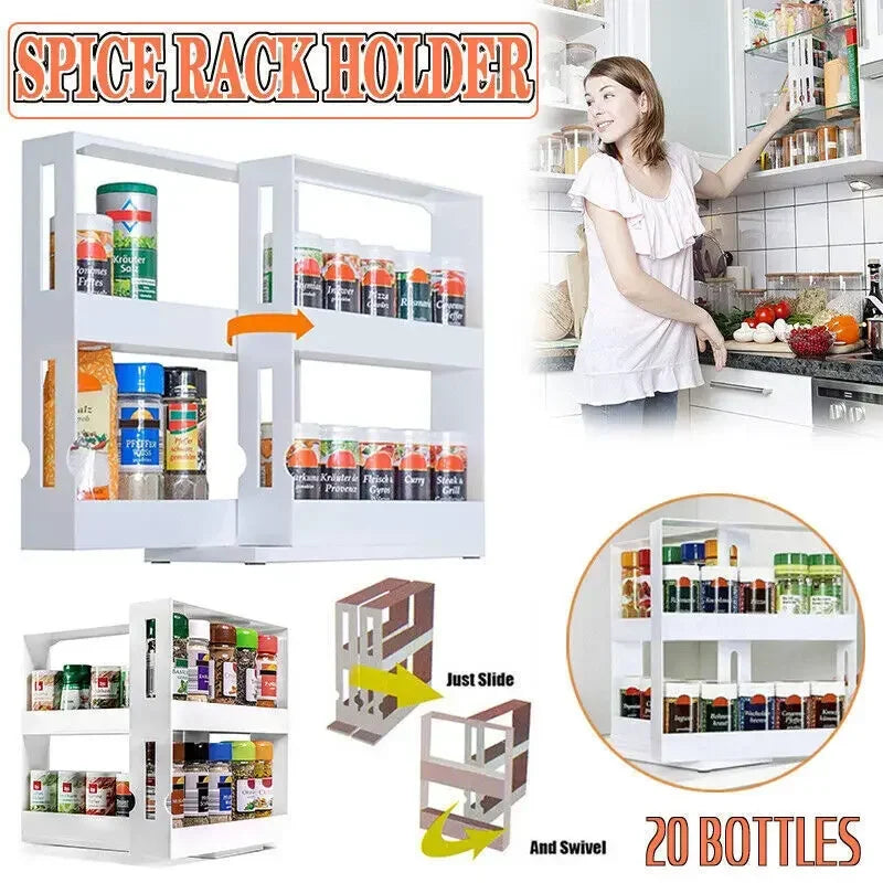 Spice Organizer Rack Multi-Function 2 Tier Rotating Storage Shelf Slide Kitchen Cabinet Cupboard Organizer Kitchen Storage Rack