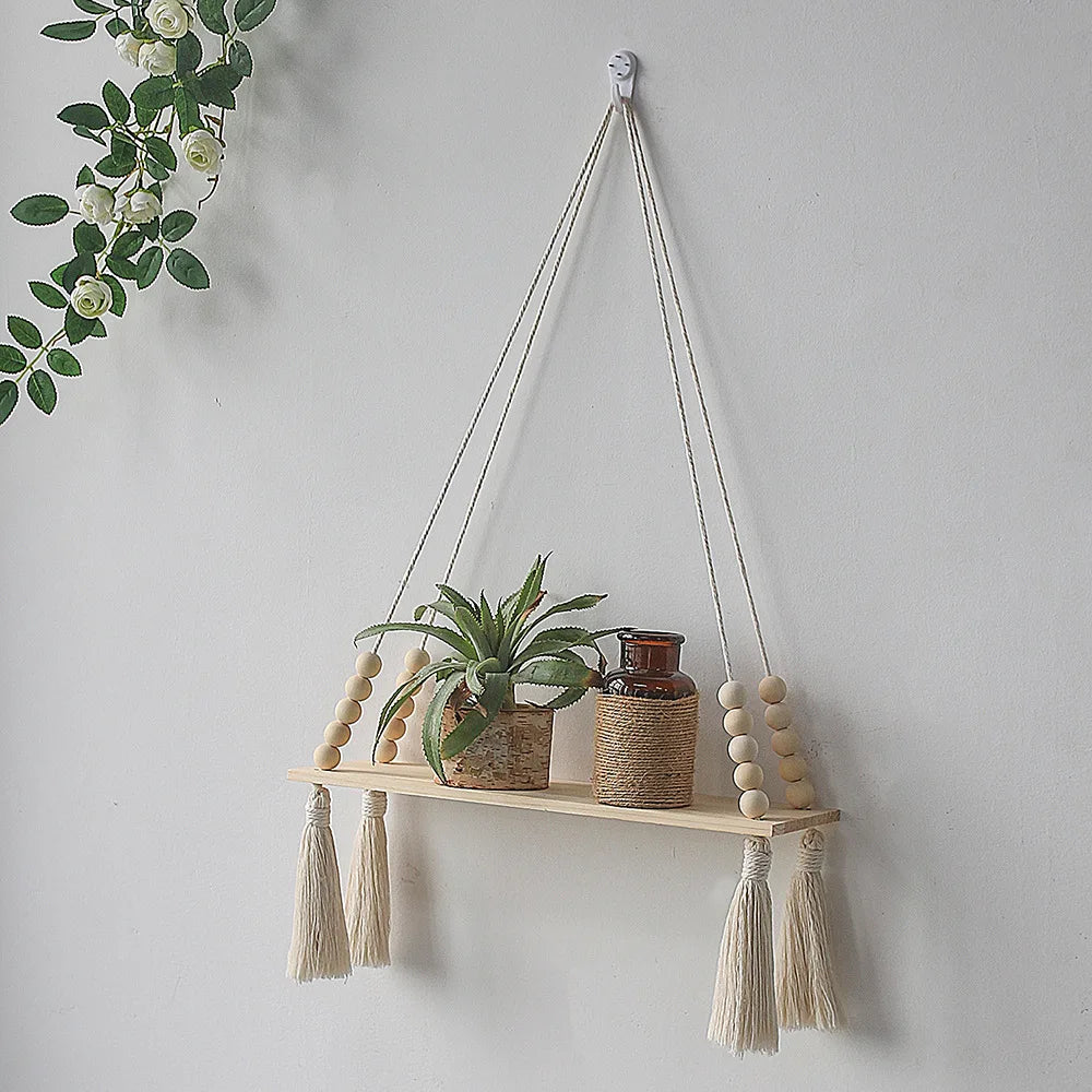 Wooden Wall Shelves Boho Floating Hanging Shelves Macrame Plant Hanger Rustic Farmhouse Wall Decor for Bedroom Room Bathroom