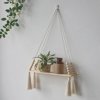 Wooden Wall Shelves Boho Floating Hanging Shelves Macrame Plant Hanger Rustic Farmhouse Wall Decor for Bedroom Room Bathroom