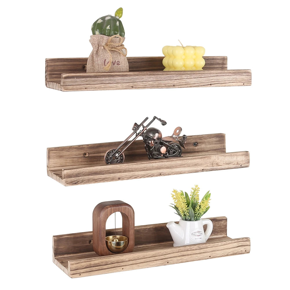 Floating Shelves Wall Mounted Set of 3 Rustic Wood Shelves with Ledge Design for Bedroom Living Room Kitchen Wall Storage Shelf