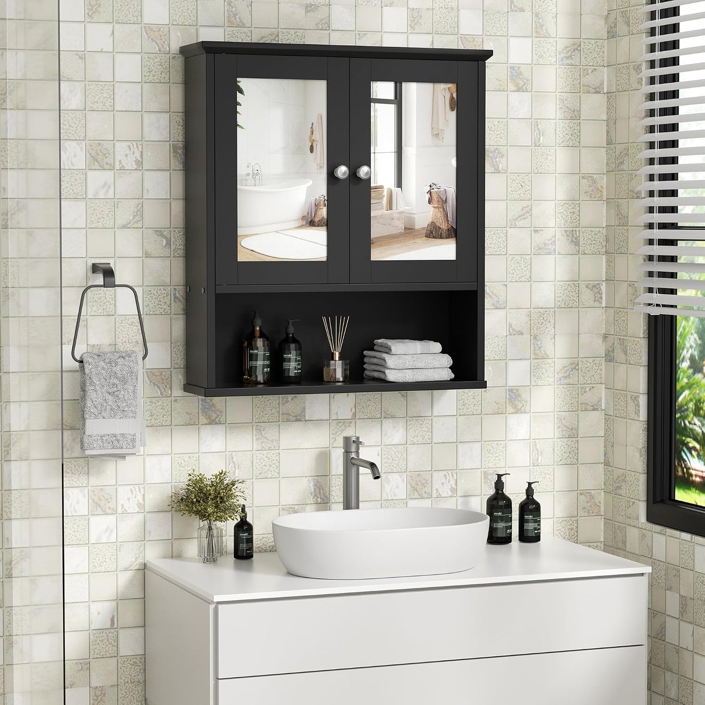 Bathroom Medicine Cabinet with Mirror, Wall Mounted, Black
