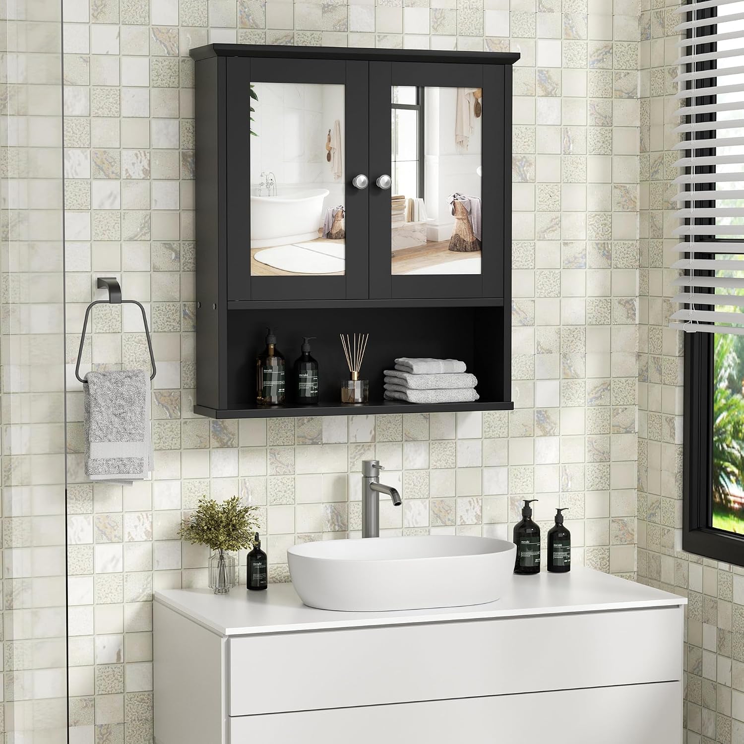 Bathroom Medicine Cabinet with Mirror, Wall Mounted, Black