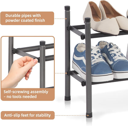Expandable 2-Tier Shoe Rack, Adjustable Metal Organizer for 8 Pairs of Shoes, Stackable Design for Entryway, Hallway, and Garage, Black