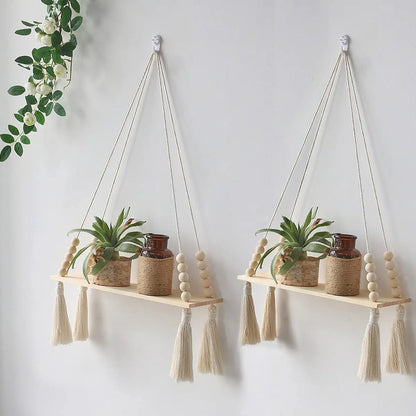 2 Pack Wall Shelves Macrame Wall Hanging Wooden Shelf Plant Storage Boho Home Decor Girls Living Room Decoration Holder Gift