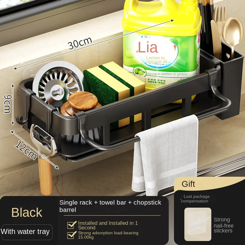 Towel Rack with Dish Drying Rack, Kitchen Storage, Wall-Mounted, No Drilling, Household Sink Sponge Holder, Water Basin