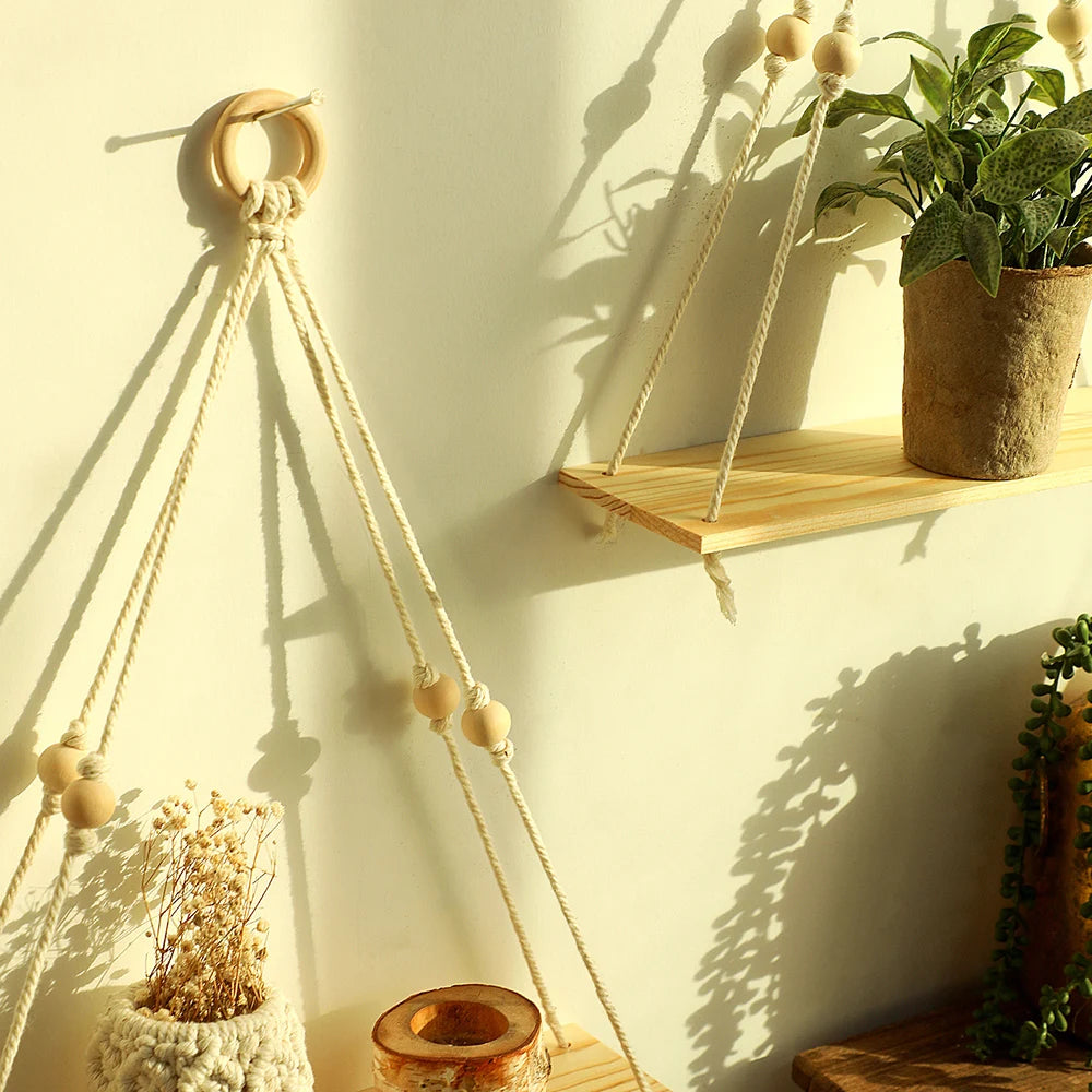 2 Pack Wall Shelves Macrame Wall Hanging Wooden Shelf Plant Storage Boho Home Decor Girls Living Room Decoration Holder Gift