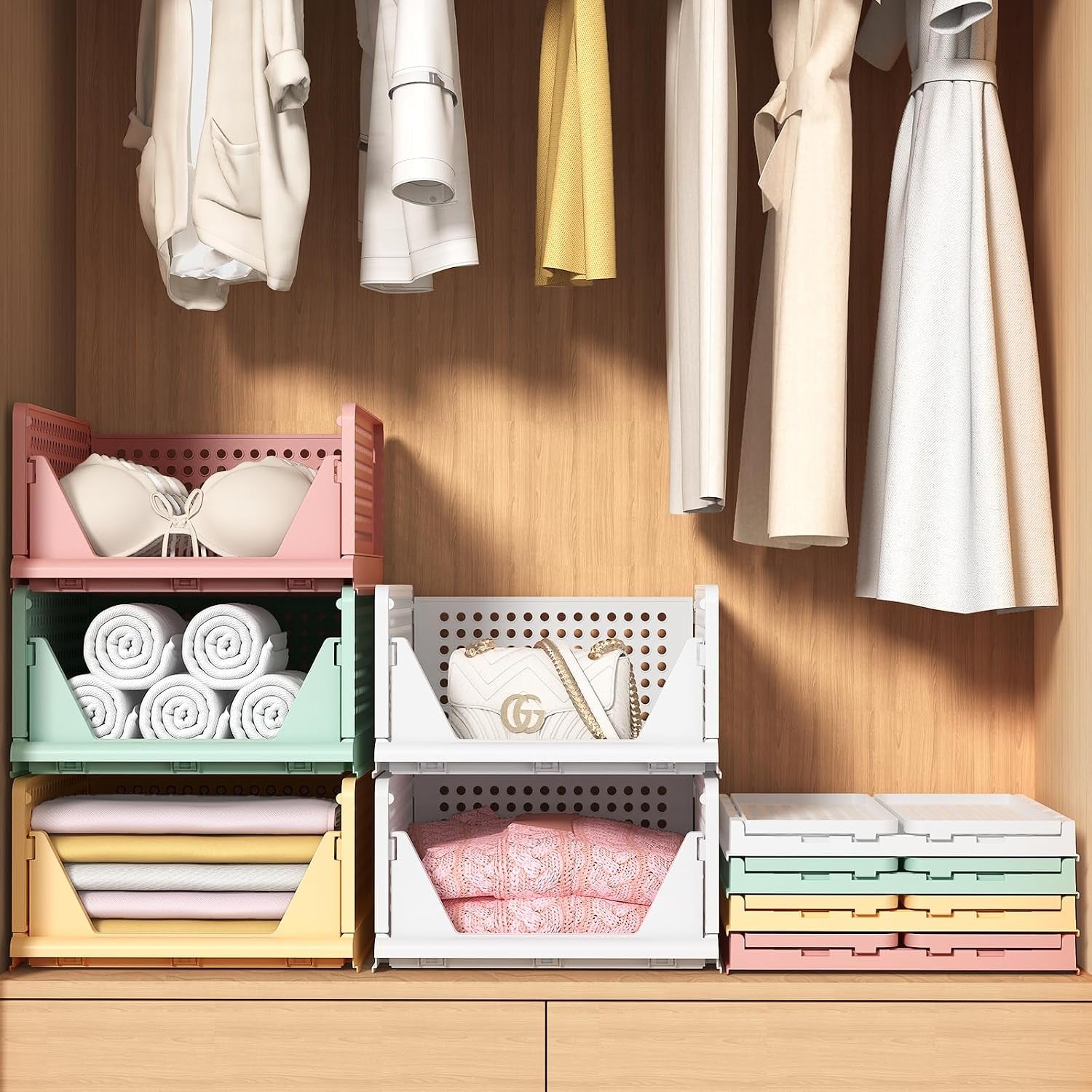 4 Set Faltbaren Kleiderschrank Organizer, Schubladenbox Stapelbaren Aufbewahrungsboxen Plastik Organizer Regal Schrank, Stapelschubladen Für Kleidung Schlafzimmer Küche Badezimmer-Bunt