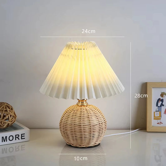 LED Pleated Table Lamp Rattan Base Retro Nightstand Light USB Vintage Bedside Desk Lamp for Bedroom Read Study Home Decor