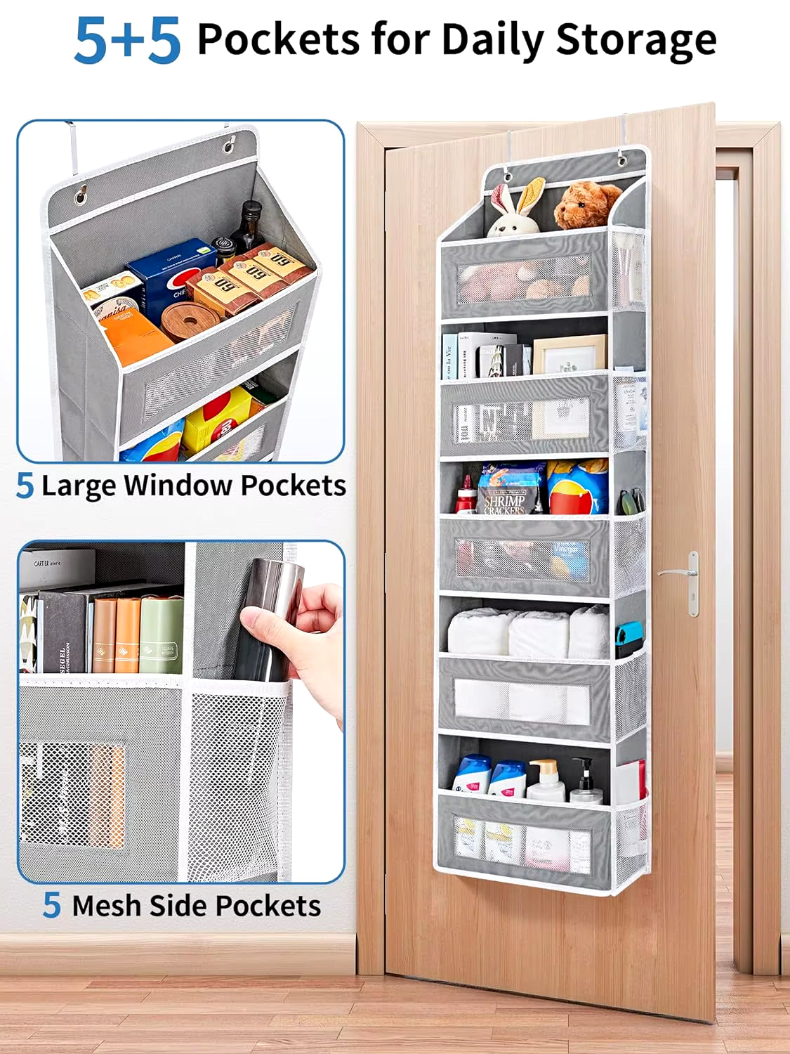 Over the Door Organizer Storage 5 Shelf Hanging Door Organizer with 5 Large Capacity Pockets for Bedroom Bathroom 1Pcs