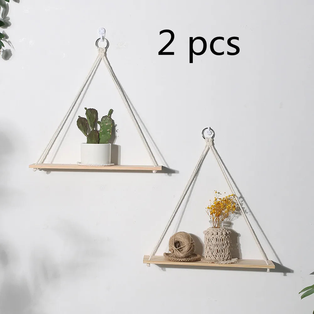2 Pack Wall Shelves Macrame Wall Hanging Wooden Shelf Plant Storage Boho Home Decor Girls Living Room Decoration Holder Gift