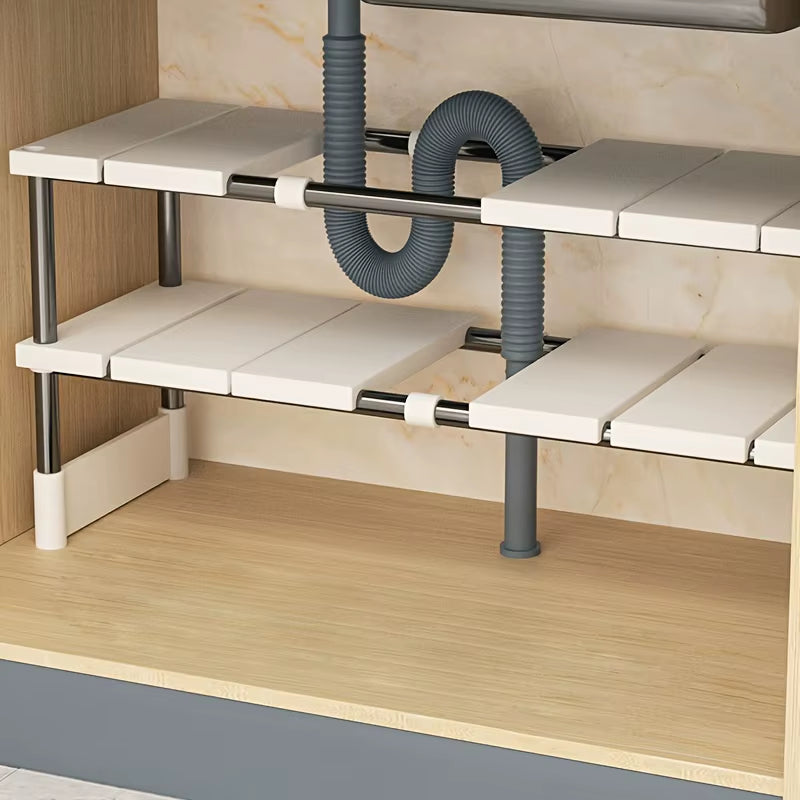 Adjustable under Sink Storage Rack,Expandable Kitchen & Bathroom Cabinet Organizer, Durable Space-Saving Multi-Layer Pot Holder