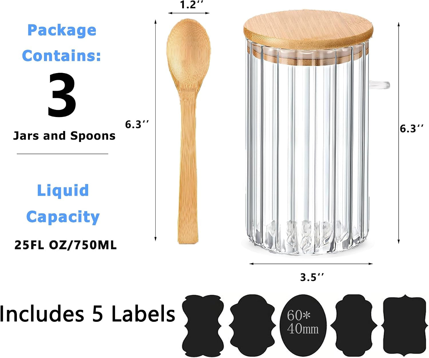 24 FL OZ Airtight Glass Jars with Bamboo Lids Spoons Coffee Canister, 3Pack
