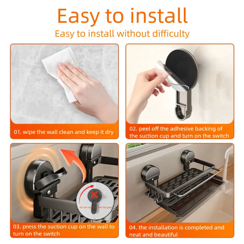 AOBT No-Drill Kitchen Sink Storage Rack Suction Cup Cloth Draining Rack Multifunctional Wall-Mounted Sink Shelf Utensils Dishes