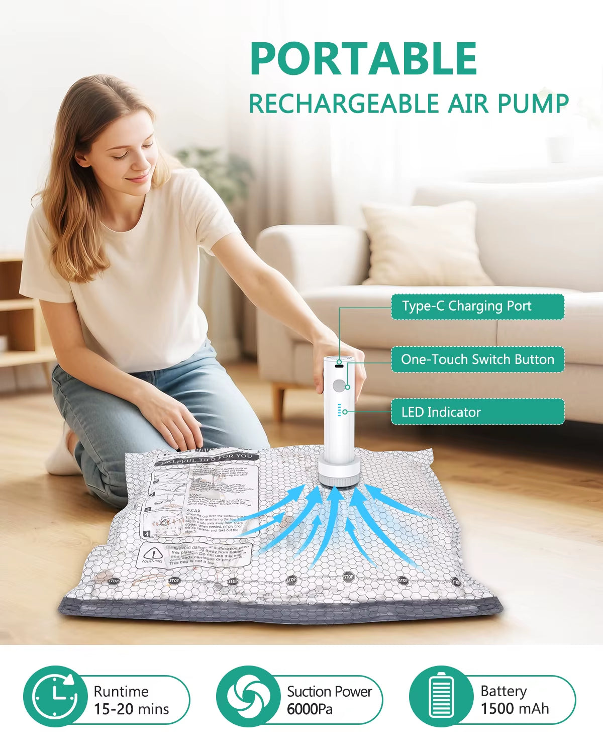 6Pcs Vacuum Storage Bags with Electric Air Pump Reusable Space Saver Bags One-Click Auto Vacuum Sealer Bags for Clothes Bedding