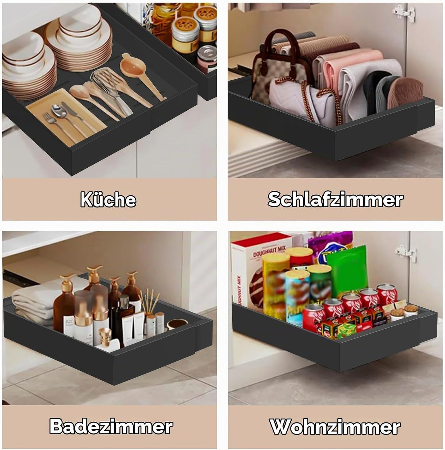 Teleskopschublade Zum Kleben, (53 CM Tiefe) Ausziehbare Schublade Küche, Küchenschubladen Organizer Mit 3-Schienen-System, Slide Out Drawer Kein Bohren Und Nageln Erforderlich, Schwarz, 2 Stück