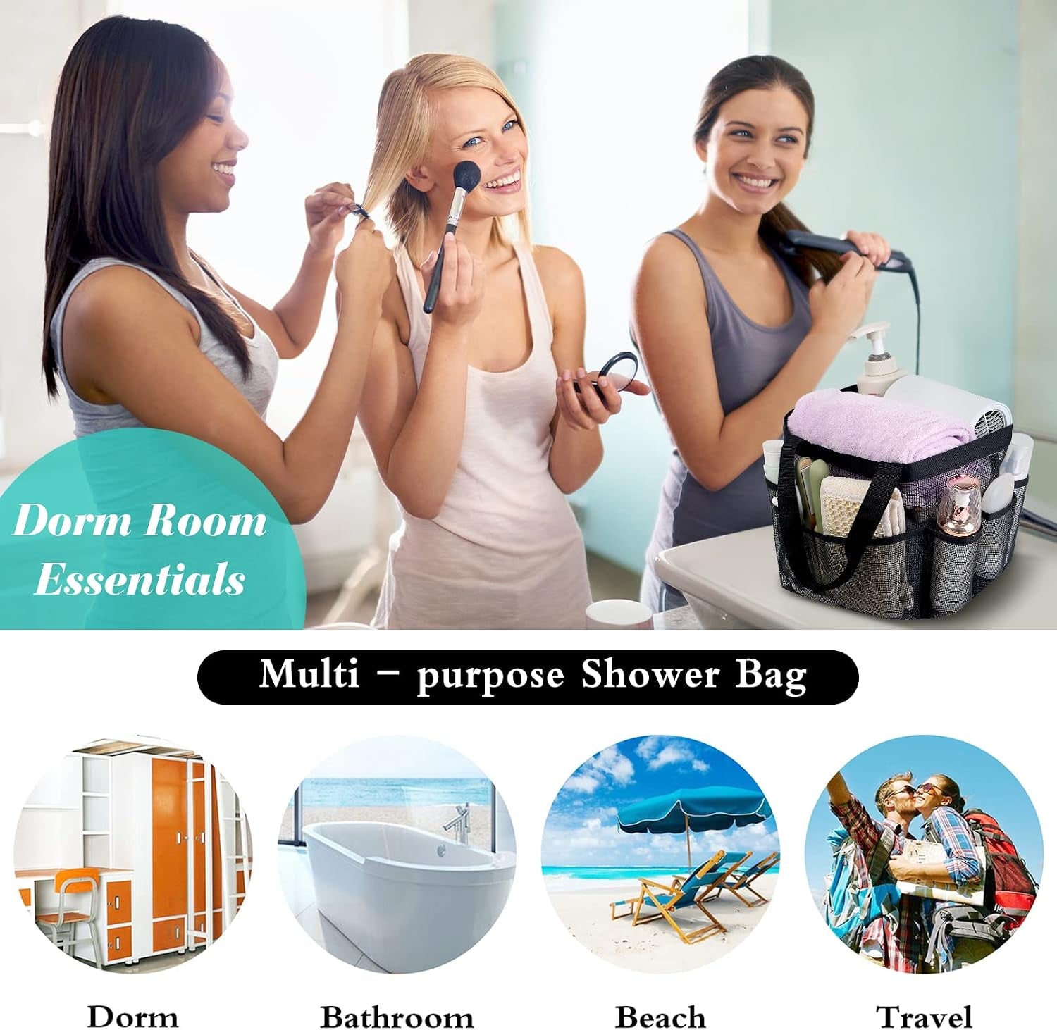 Portable Mesh Shower Caddy with 9 Pockets - Ideal for Dorm Rooms and Camping