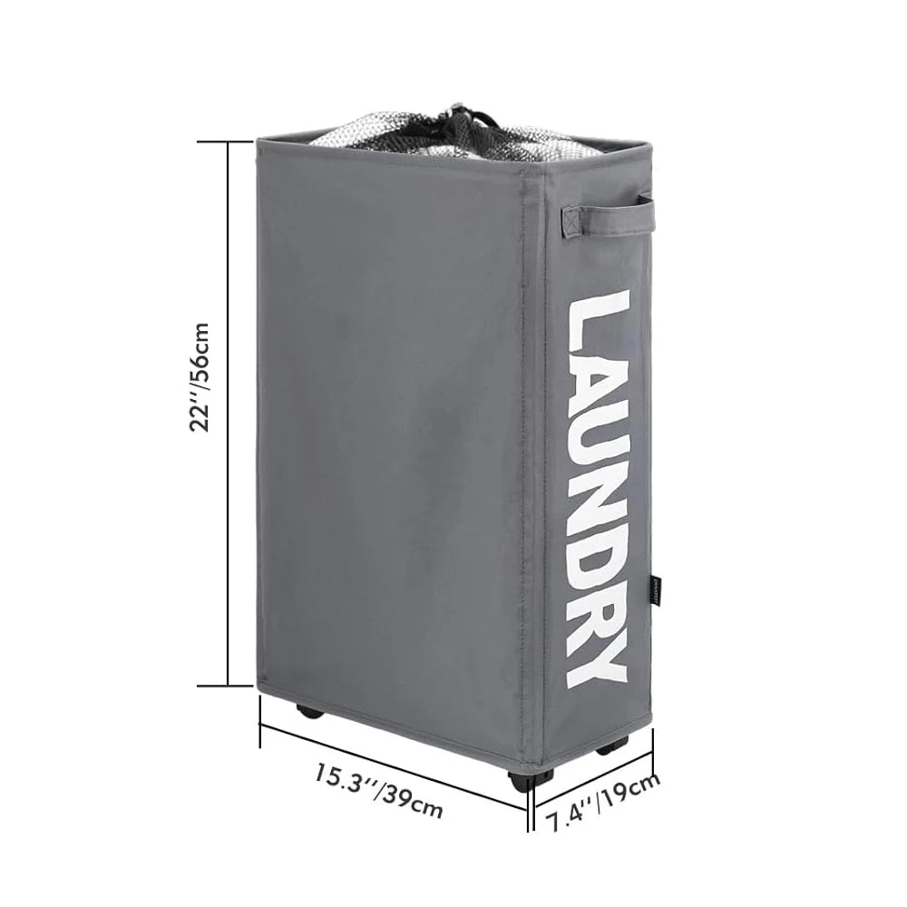 22" Rolling Slim Laundry Basket on Wheels, Foldable Laundry Hamper with Handle, Collapsible Laundry Sorter and Organizer