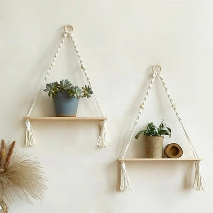 Wooden Wall Shelves Boho Floating Hanging Shelves Macrame Plant Hanger Rustic Farmhouse Wall Decor for Bedroom Room Bathroom